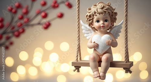Cherubic figurine with wings holding heart sitting on swing  