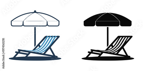 Beach umbrella and chair icon, umbrella with striped deckchair vector, isolated image on white background.