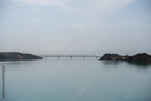Panoramic view of the coastline and rocky cliffs at Qonayev (Kapchagay), Central Asia