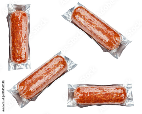 Vacuum packed sausage isolated on white background, packaged meat product set. File contains clipping path.