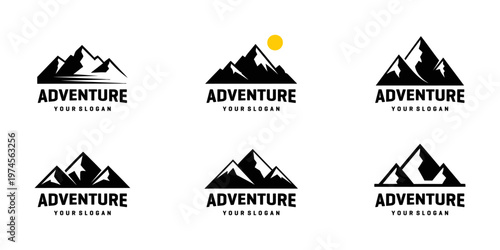 Set of minimalist 'Adventure' mountain logo templates with various peaks and a single yellow sun icon.