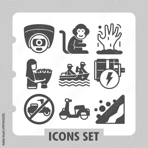 Surveillance camera, woman, scooter ban icons, illustrating concepts such as security, family, health, finance, travel, energy, hygiene and prohibition. Set of nine glyph icons on white background.