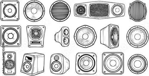 Audio Speakers and Subwoofers Vector Collection. Black and White Hand-Drawn Line Art Illustration Set for Music, Sound, and Electronics Industry