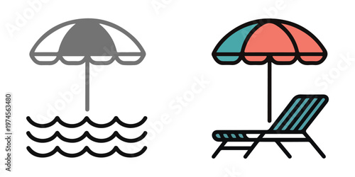 Beach umbrella and lounge chair by the sea for relaxation and summer vacation icon.