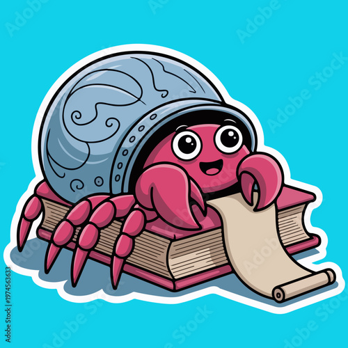 Whimsical hermit crab wearing armor reads a scroll while sitting on a book stickers
