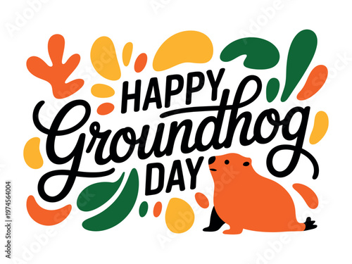 A colorful illustration celebrating Groundhog Day with a cute cartoon groundhog and vibrant abstract shapes.