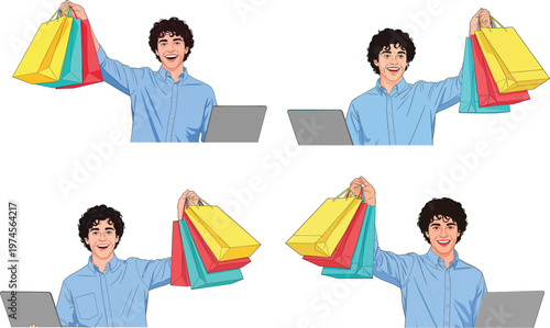 Happy young man holding colorful shopping bags and using laptop for online commerce e-commerce sales
