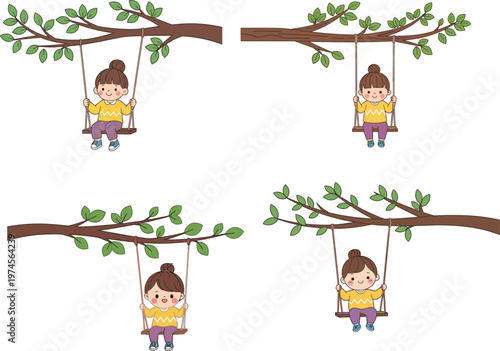 Cute little girl sitting on a swing hanging from a tree branch collection for childhood play outdoor recreation
