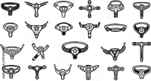 Black and White Line Art of Various Futuristic Steering Wheels, Automotive Concept