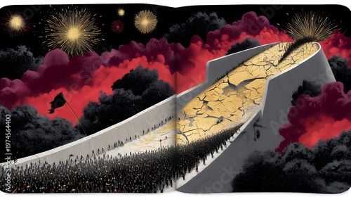 large crowd walks to golden monument