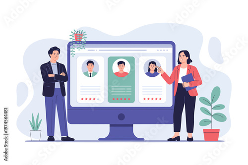 Hr professionals selecting best candidate from online profiles on computer screen vector illustration human resources recruiting candidates profiles computer business application selection