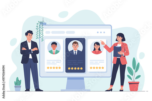 Team reviewing candidate resumes on computer screen for hiring process vector illustration human resources recruitment candidates computer business application selection illustration