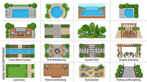 Designing outdoor spaces: A comprehensive top-view illustrated set of landscape and garden design features and symbols for planning.