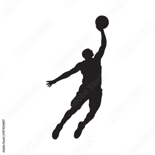 A silhouetted basketball player is captured mid air during a jump shot