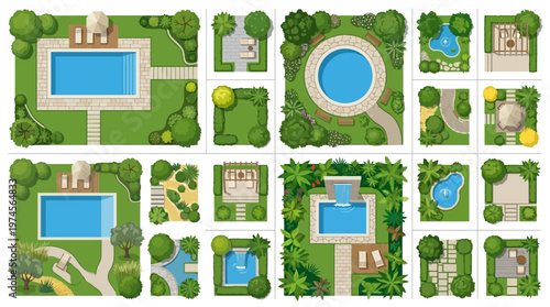 Top-view illustrations of diverse landscape and garden design symbols for outdoor living spaces, backyard planning, and pool layouts.