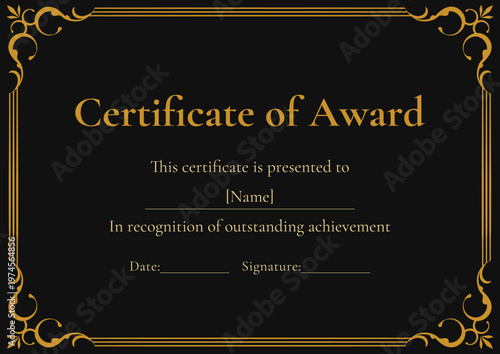 Black Gold Certificate of Award Template – Elegant Ornate Frame Border Luxury Vector