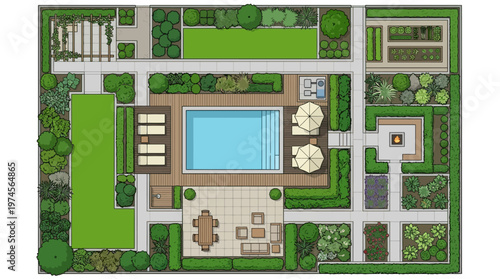 Top-view illustration of a modern garden plan featuring a swimming pool, outdoor dining, lounge areas, fire pit, and diverse plant beds.