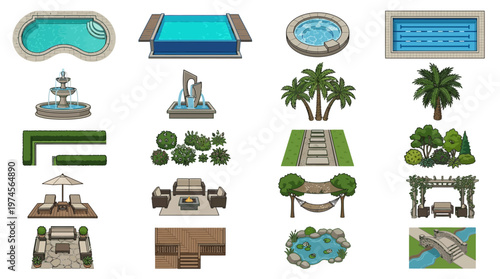 Top-View Isometric Illustrations of Luxury Garden and Outdoor Living Design Elements for Landscape Planning Layouts