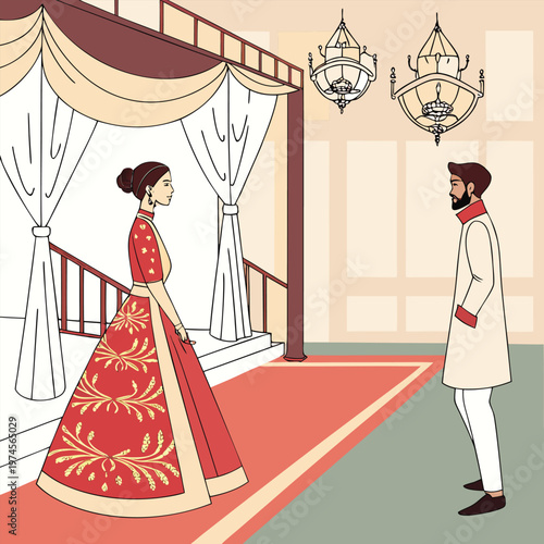 Couple in traditional attire looking at each other in a grand hall with clothing