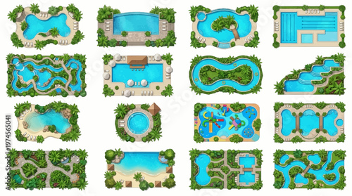 Top-view illustrated collection of diverse resort-style pools, water parks, and tropical leisure landscape elements for design projects.