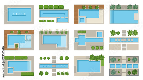 Top-down illustrations of modern minimalist garden and backyard designs. Various swimming pool layouts and outdoor planning.