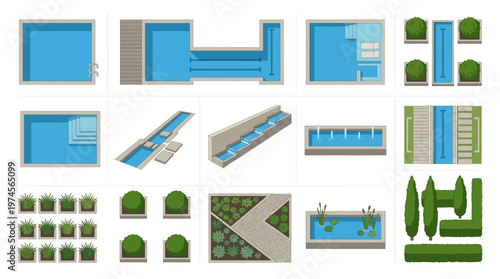 Top-view modern minimalist garden design symbols set featuring pools, water features, and various plants for landscape planning