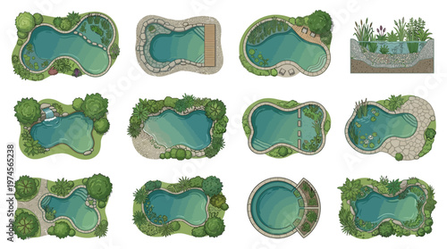 Top-down set of natural garden pond and eco-friendly swimming pool illustrations for landscape architecture and outdoor design.