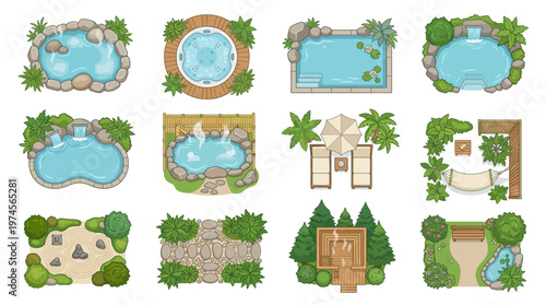Top-view spa and wellness garden symbols set featuring diverse outdoor leisure elements like pools, hot tubs, and saunas.
