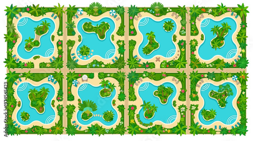 Top View Illustration of Exotic Tropical Resort Swimming Pools with Islands and Lush Garden Landscape Designs