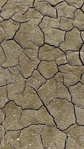 Dry cracked ground in vertical orientation creating abstract natural background. Symbol of drought, heat and climate change. High detail texture ideal for environmental and design projects.