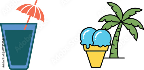 Tropical summer delight a vibrant illustration of cocktails ice cream palm trees and a relaxing vacation scene