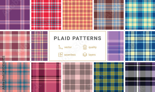 Plaid pattern set designed for vintage stationery and journals. Classic tartan aesthetics enhance nostalgic appeal.