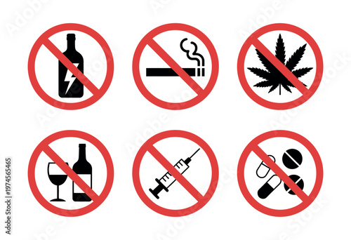 No drugs sign symbol isolated vector featuring red prohibition icon with diagonal line for public safety warning educational and regulatory illustrations