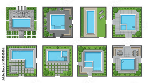 Top View Modern Outdoor Living Spaces with Swimming Pools - Architectural Garden Design Layouts Set Including Patios and Landscaping Elements