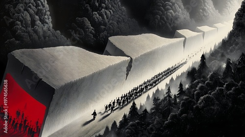 people walking alongside massive abstract structures