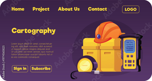 Cartography landing page vector flat design, tester instrument, surveyors and civil engineers devices geodetic equipment