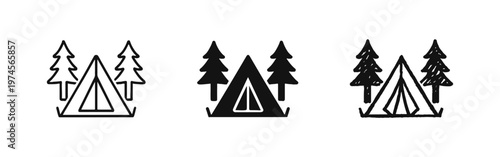 Camping tent and trees icon set in doodle style. Hand-drawn black and white outdoor adventure and wilderness symbols.
