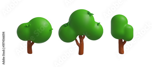 Green tree 3D cartoon plastic style realistic vector icons set, volume oak or linden forest plant,summer nature design