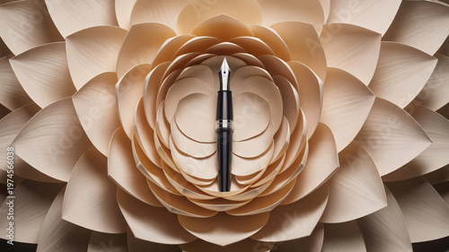 Elegant fountain pen resting inside a layered paper flower sculpture for sophisticated writing and luxury stationery concepts with warm soft studio lighting