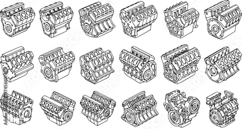 Automotive V8 Engine Blocks Line Art Set. Black and White Isometric Outline Illustrations of Car and Truck Engines, Motors, and Cylinder Blocks.
