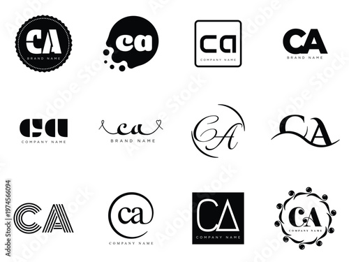 CA logo company template. Letter c and a logotype. Set different classic serif lettering and modern bold text with design elements. Initial font typography.