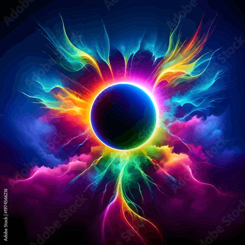 A glowing sun casts intense solar light and fire over a dark planet in space, creating a fantasy galaxy illustration of astronomy and science