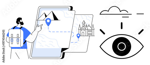 Travel planning, navigation apps, tourism technology, exploration, digital destinations, adventure. A traveler with a backpack points to a digital map with landmarks. Travel planning and navigation