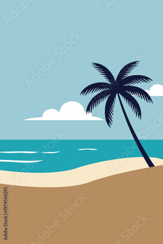 Logo agencia de viajes. Vacaciones de verano. Dibujo sencillo con un paisaje con la palma en una playa con mar y nubes en el cielo 