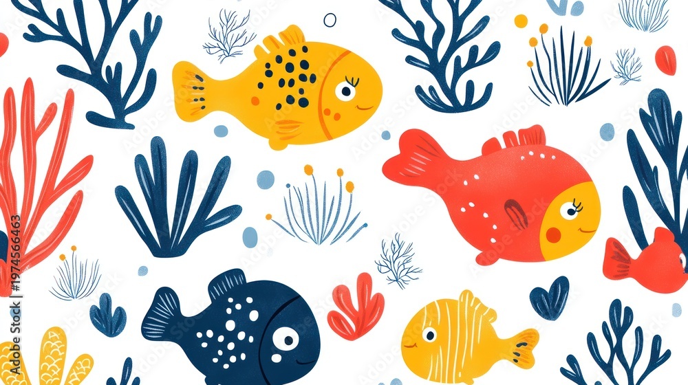 Fototapeta premium Colorful fish and coral reef pattern
