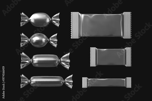 Realistic candy foil package mockup vector set, sweet product twisted pouch and flow wrapper, plastic container design