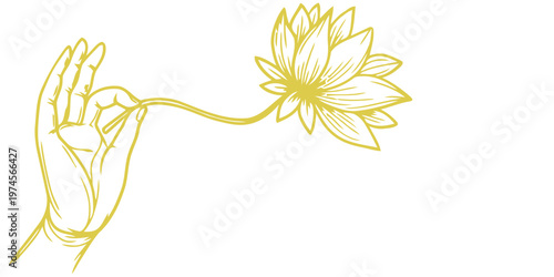 Golden hand offering a lotus flower in a delicate line art illustration