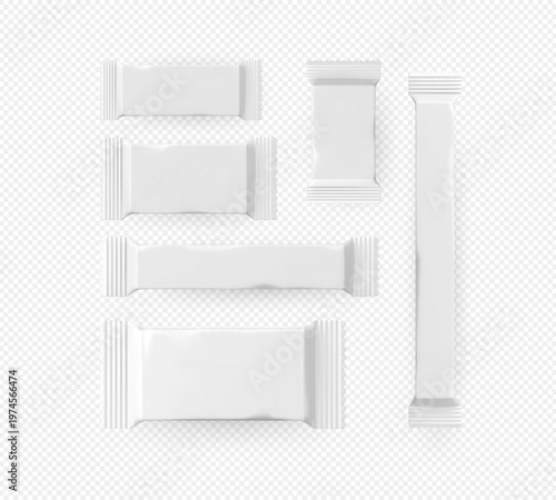Realistic candy white paper or plastic package mockup vector set, product wrapper blank, chocolate bar container design