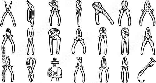 Black and White Line Art Set of Pliers and Wrenches Icons for Workshop, Construction, and DIY Hand Tools Vector Collection