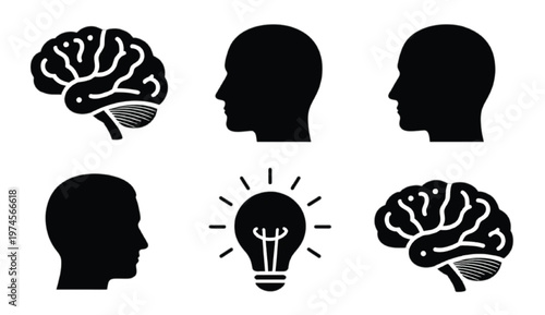 Set of brain and thinking silhouettes with human mind symbol and idea concept variations